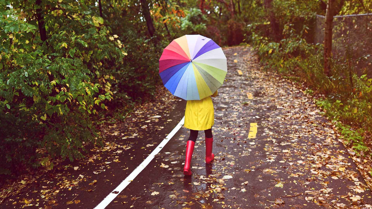 Eine junge Frau spaziert durch einen herbstlichen Wald. Sie ist in einem gelben Regenmantel und in roten Regenstiefel gekleidet. Sie hält einen bunten Regenschirm.
