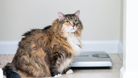 Eine Katze mit Übergewicht steht neben einer Waage und blickt schuldbewusst in die Kamera