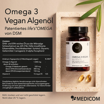 Omega 3 Vegan Algenöl Produktinformationen mit Angabe von Zutaten und Inhalt pro Tagesportion