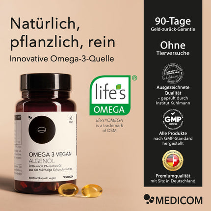Produktinformationen zu Omega 3 Vegan Algenöl – einzige pflanzliche Quelle für EPA und DHA, frei von jeglichen Verunreinigungen, niedriger Totox-Wert, Verzehrempfehlung