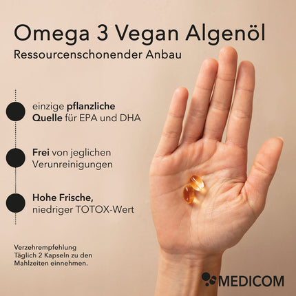 Produktinformationen zu Omega 3 Vegan Algenöl – einzige pflanzliche Quelle für EPA und DHA, frei von jeglichen Verunreinigungen, niedriger Totox-Wert, Verzehrempfehlung.