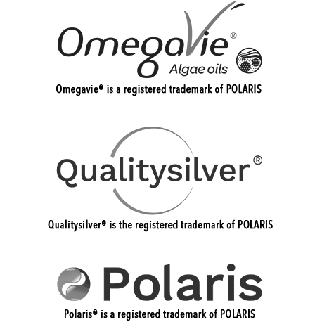 Die Logos von Omega 3 Vegan Algenöl: Marken-Rohstoff OmegaVie® von Polaris und patentierter QualitySilver®-Technologie