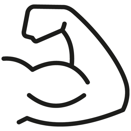 Einfacher schwarzer Umriss eines gebeugten muskulösen Arms, der Stärke oder Fitness symbolisiert, auf weißem Hintergrund.