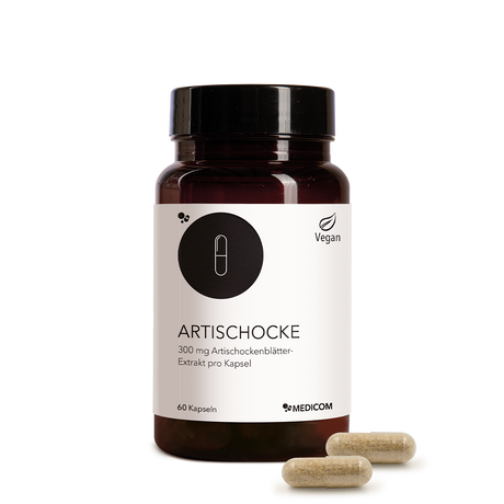 Artischocke von Medicom – die Produktdose von Artischocke mit zwei Kapseln im Vordergrund