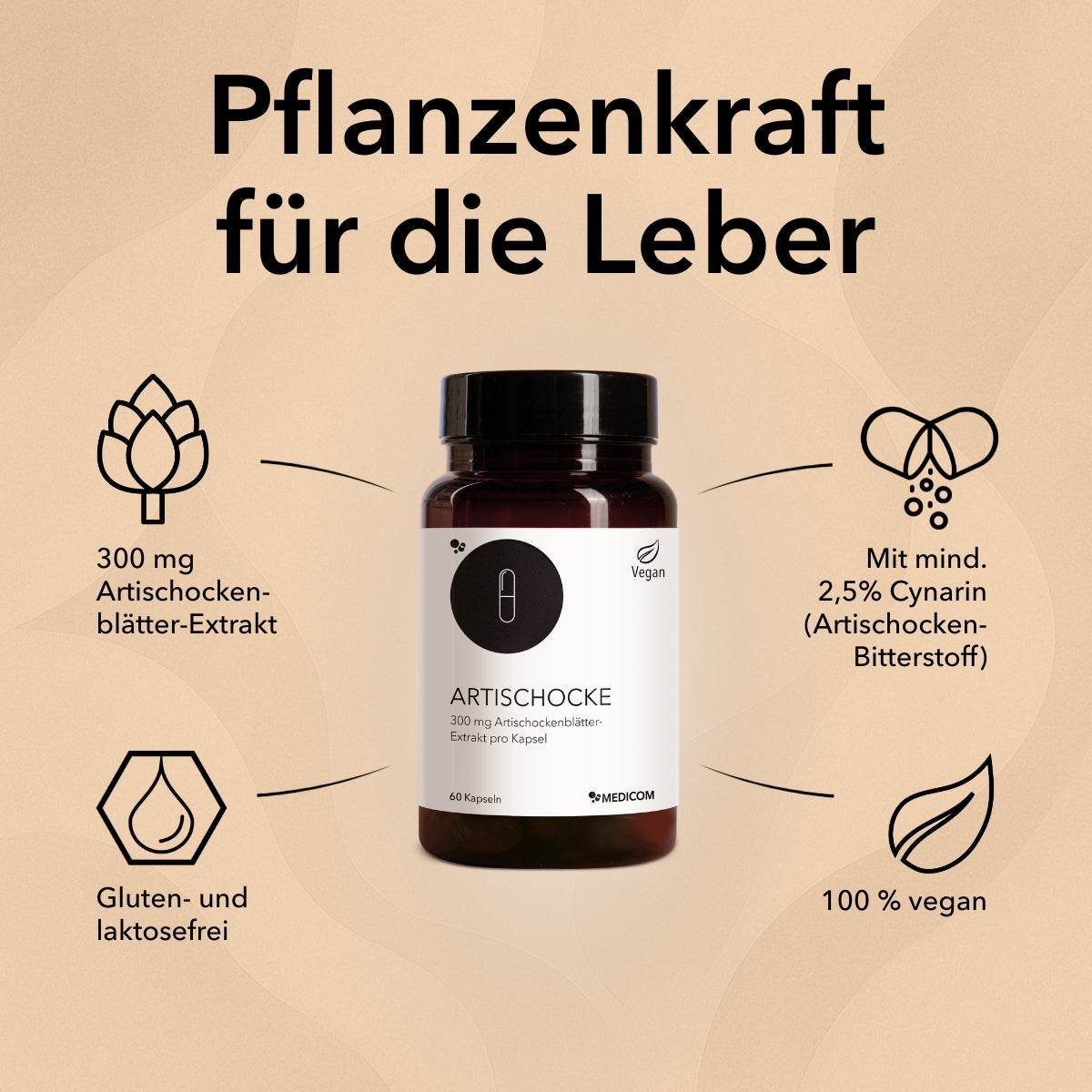 Produktinformationen zu Artischocke von Medicom: mit 300 mg Artischockenblätter-Extrakt mit mindestens 2,5 % Cynarin (Artischocken-Bitterstoff), glutenfrei, laktosefrei, fruktosefrei und 100 % vegan.