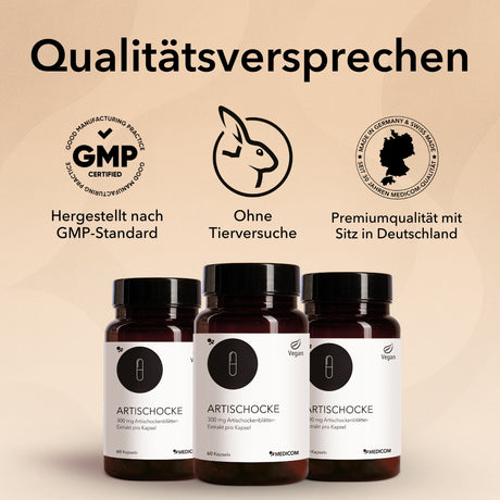 Qualitätssiegel und Zertifikate zu Artischocke: hergestellt nach GMP-Standard, ohne Tierversuche, Premiumqualität mit Sitz in Deutschland.