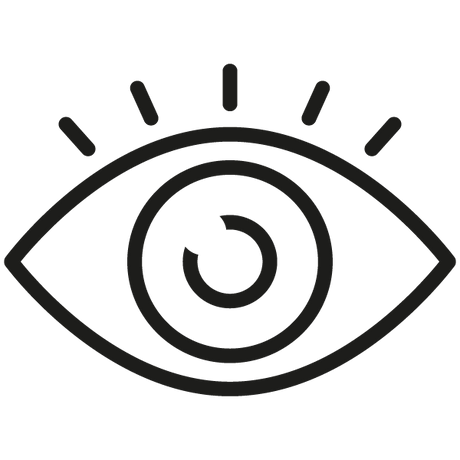 Einfache schwarze Strichzeichnung eines Auges mit stilisierten Wimpern und einem spiralförmigen Muster in der Mitte.