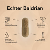 Produktinformationen zu Baldrian Kapseln: ohne Soja, Gluten, Laktose, Fruktose & Farbstoffe, mit 100 % Baldrianwurzelpulver, standardisiert auf natürliche Valerensäure, in veganer Cellulose-Kapsel