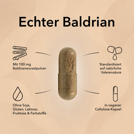 Produktinformationen zu Baldrian Kapseln: ohne Soja, Gluten, Laktose, Fruktose & Farbstoffe, mit 100 % Baldrianwurzelpulver, standardisiert auf natürliche Valerensäure, in veganer Cellulose-Kapsel