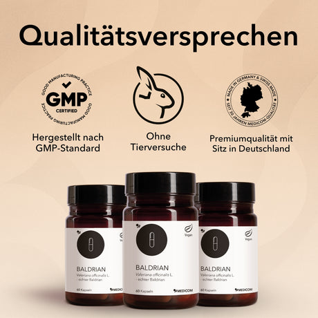 Das Qualitätsversprechen von Medicom mit drei Icons von Medicom: hergestellt nach GMP-Standard, ohne Tierversuche, Premiumqualität mit Sitz in Deutschland. Drei Produktdosen von Baldrian unten abgebildet.