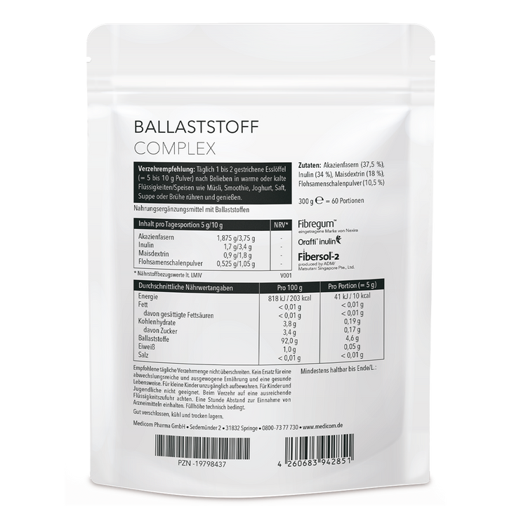 Die Rückseite des Zippbeutels von Ballaststoff Complex von Medicom
