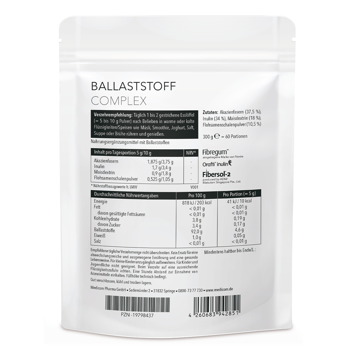 Die Rückseite des Zippbeutels von Ballaststoff Complex von Medicom