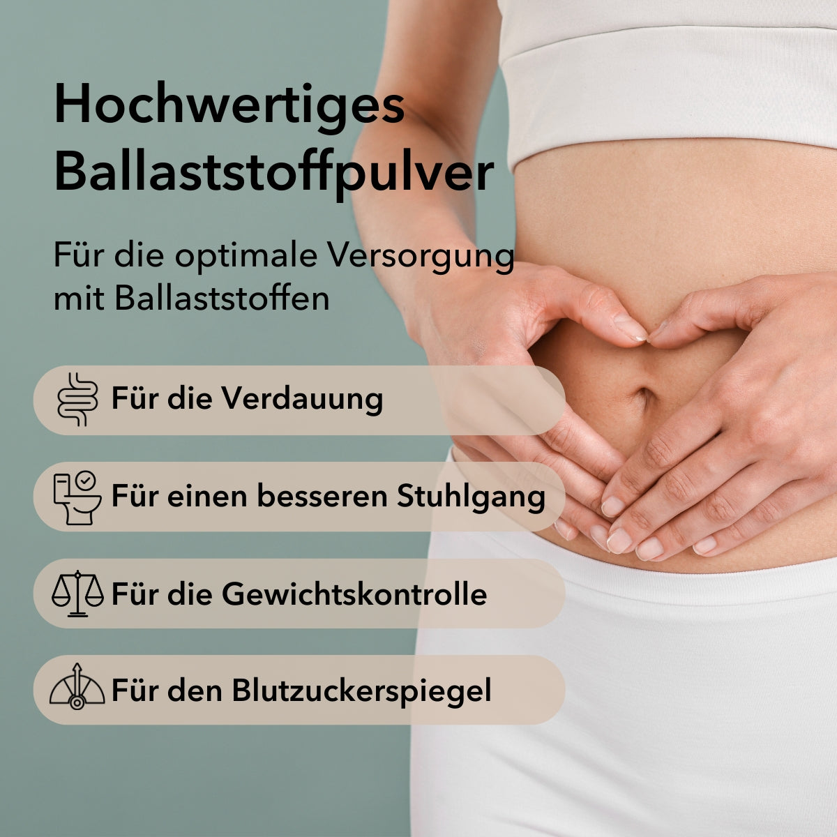 Zippbeutel mit Ballaststoff Complex mit 4 Anwendungsgebieten: für die Verdauung, für einen besseren Stuhlgang, für die Gewichtskontrolle und für den Blutzuckerspiegel