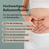 Zippbeutel mit Ballaststoff Complex mit 4 Anwendungsgebieten: für die Verdauung, für einen besseren Stuhlgang, für die Gewichtskontrolle und für den Blutzuckerspiegel