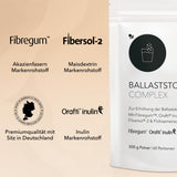 Die Logos der 3 Markenrohstoffe von Ballaststoff Complex von Medicom:Mit 3 hochwertigen, patentierten Markenrohstoffen: Fibregum™ (Akazienfasern), Orafti® Inulin und Fibersol®-2 (Maisdextrin), Qualitätszertifikat Premiumqualität mit Sitz in Deutschland (links im Bild). Halbansicht vom Zippbeutel von Ballaststoff Complex (rechts im Bild).