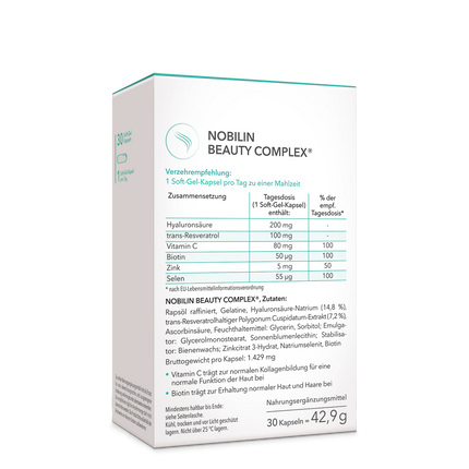 Die Rückseite der Produktpackung von Nobilin Beauty Complex® mit Informationen zu Verzehrempfehlung, Zusammensetzung und Zutaten.