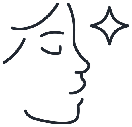 Minimalistische Strichzeichnung eines Gesichts im Profil mit einem Glitzersymbol in der Nähe der Wange.
