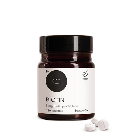 Die Produktdose von Biotin. 1 Tablette mit 5 mg Biotin