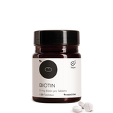 Die Produktdose von Biotin. 1 Tablette mit 5 mg Biotin