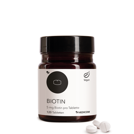 Die Produktdose von Biotin. 1 Tablette mit 5 mg Biotin