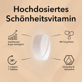 Produktinformationen zu Biotin von Medicom: hochdosiertes Schönheitsvitamin, hochdosiert und gut verträglich, mit 5 mg Biotin , 1 x täglich eine Tablette, glutenfrei und laktosefrei