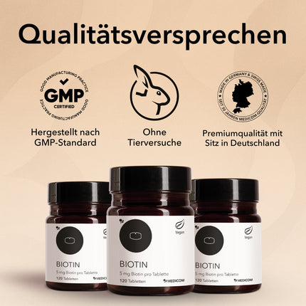 3 Produktdosen von Biotin im Vordergrund, Qualitätssiegel und Zertifikate von Medicom , mit dem GMP-Standard-Logo, ohne Tierversuche, Premium-Qualität mit Sitz in Deutschland 