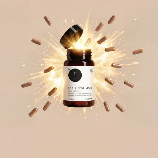 Die Produktdose von Nobilin Woman Balance mit Hinweis auf die Black Friday Aktion von  Medicom mit bis zu 70% Rabatt auf ausgewählte Produkte