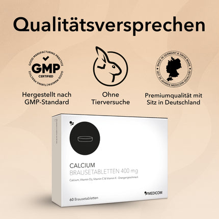 Produktinformationen von Calcium Brausetabletten 400 mg mit Calcium, Vitamin D3, Vitamin C und Vitamin K1 mit Orangengeschmack. Informationen zu Qualität und Zertifikaten, hergestellt nach GMP-Standard, ohne Tierversuche, Premiumqualität mit Sitz in Deutschland.