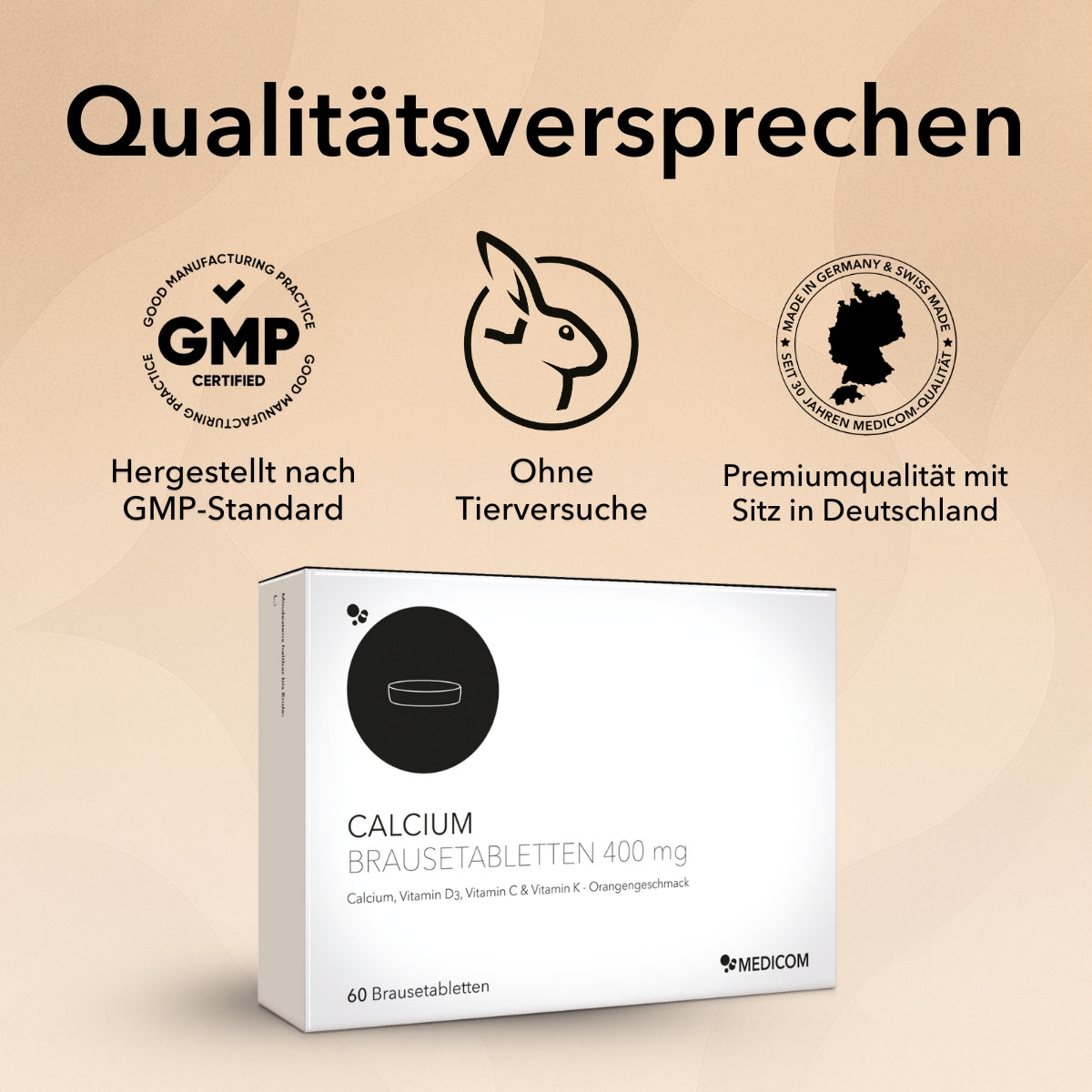 Produktinformationen von Calcium Brausetabletten 400 mg mit Calcium, Vitamin D3, Vitamin C und Vitamin K1 mit Orangengeschmack. Informationen zu Qualität und Zertifikaten, hergestellt nach GMP-Standard, ohne Tierversuche, Premiumqualität mit Sitz in Deutschland.