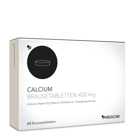 Die Schachtel mit Calcium Brausetabletten 400 mg in der Frontansicht – Calcium Produkt von Medicom