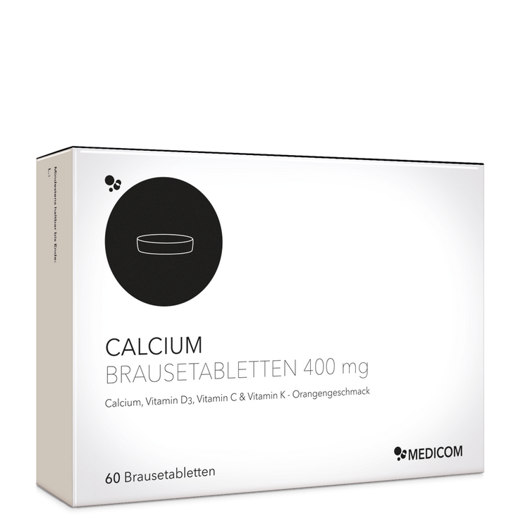 Die Schachtel mit Calcium Brausetabletten 400 mg in der Frontansicht – Calcium Produkt von Medicom