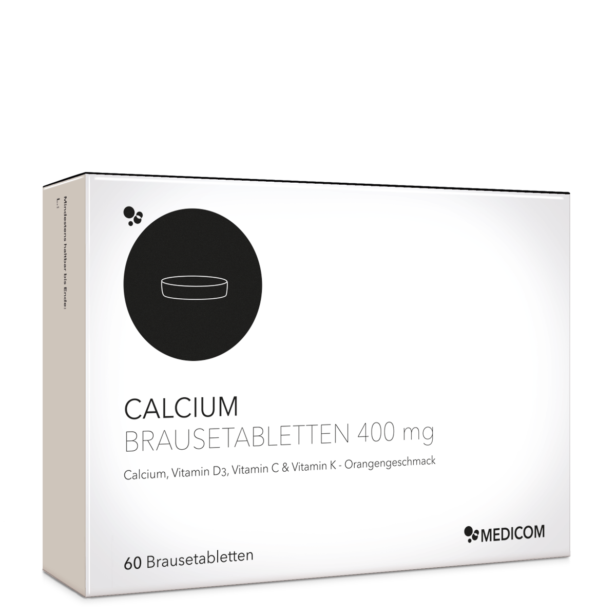Die Schachtel mit Calcium Brausetabletten 400 mg in der Frontansicht – Calcium Produkt von Medicom