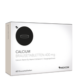 Die Schachtel mit Calcium Brausetabletten 400 mg in der Frontansicht – Calcium Produkt von Medicom