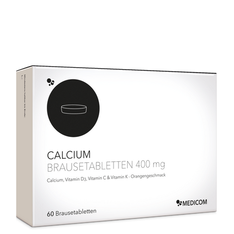Die Schachtel mit Calcium Brausetabletten 400 mg in der Frontansicht – Calcium Produkt von Medicom
