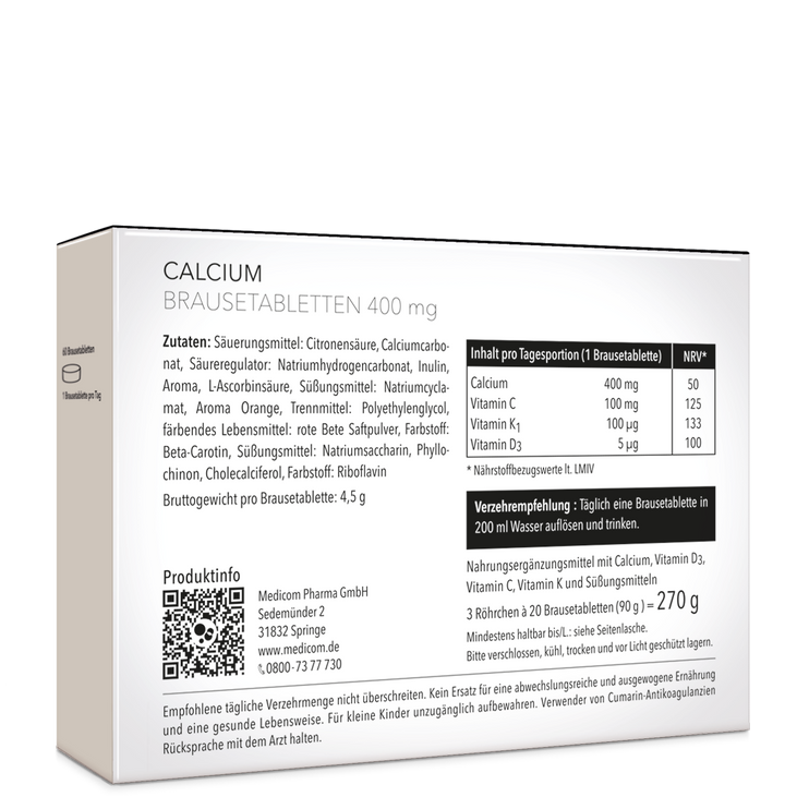 Die Rückseite von Calcium Brausetabletten 400 mg von Medicom mit genauen Angaben zu Zutaten, Inhalt pro Tagesportion und Verzehrempfehlung