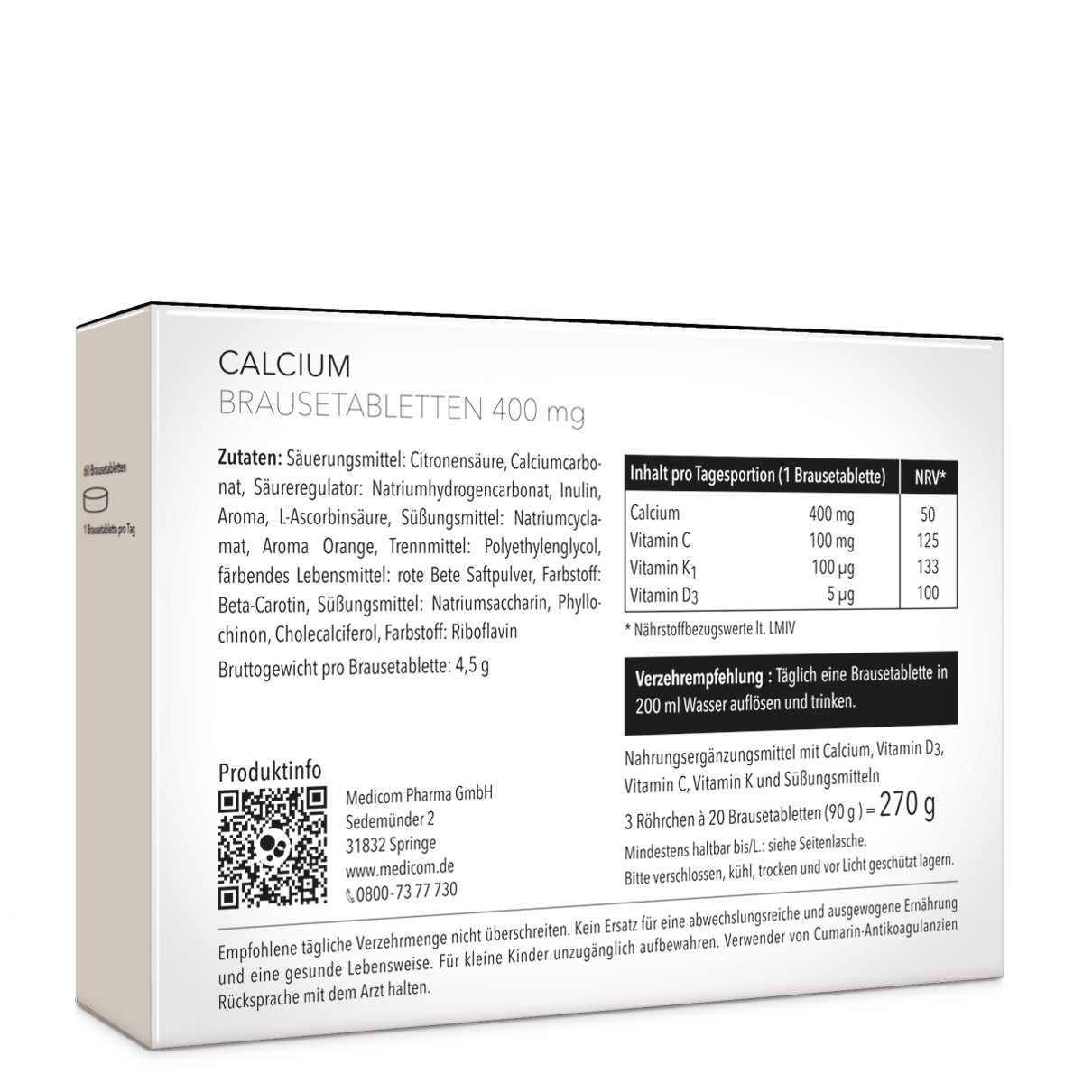 Die Rückseite von Calcium Brausetabletten 400 mg von Medicom mit genauen Angaben zu Zutaten, Inhalt pro Tagesportion und Verzehrempfehlung