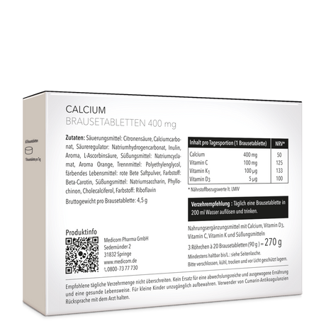 Die Rückseite von Calcium Brausetabletten 400 mg von Medicom mit genauen Angaben zu Zutaten, Inhalt pro Tagesportion und Verzehrempfehlung
