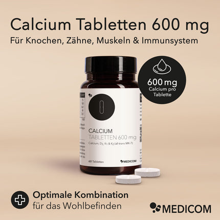 Die Produktdose von Calcium Tabletten 600 mg von Medicom mit zwei Tabletten im Vordergrund. Produktinformationen: 600 mg pro Tablette und optimale Kombination für das Wohlbefinden