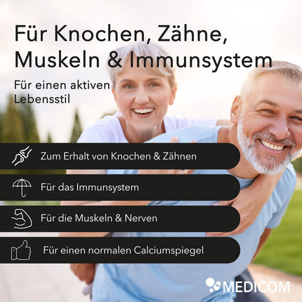 Produktinformationen zu Calcium Tabletten 600 mg von Medicom mit Anwendungsgebieten: zum Erhalt von Knochen & Zähnen, für das Immunsystem, für die Muskeln & Nerven, für einen normalen Calciumspiegel