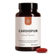 A brown bottle labeled Median Cardiopur with a red Cardiopur-Kapseln, containing Omega-3-Fettsäuren, is placed in front of it on a white background.