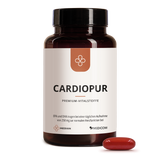 A brown bottle labeled Median Cardiopur with a red Cardiopur-Kapseln, containing Omega-3-Fettsäuren, is placed in front of it on a white background.