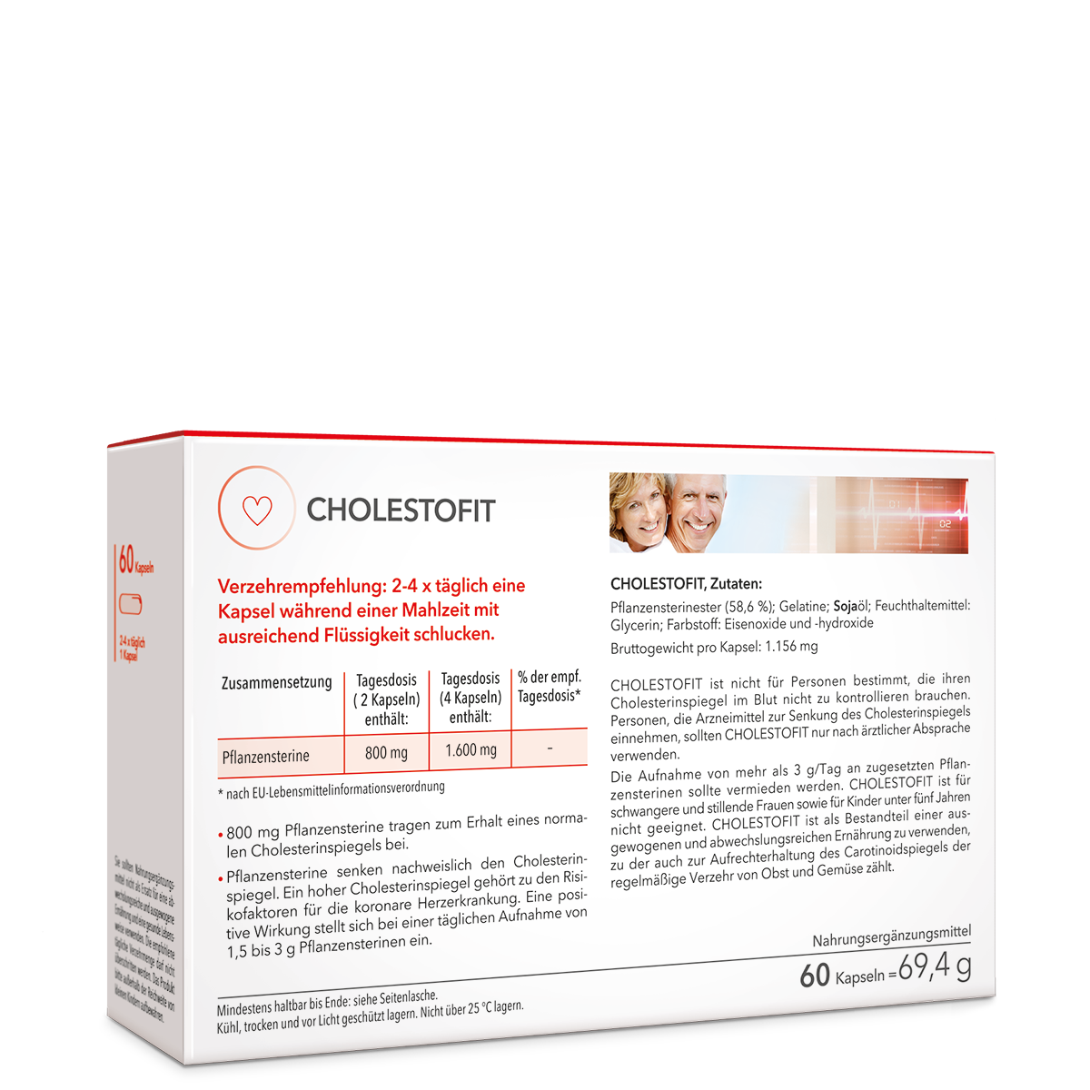 Die Rückseite der Packung Cholestofit mit Angabe der Verzehrempfehlung, Zusammensetzung und Zutaten