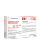 Die Rückseite der Packung Cholestofit mit Angabe der Verzehrempfehlung, Zusammensetzung und Zutaten