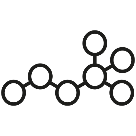 Eine einfache schwarze Strichzeichnung eines Moleküls mit sieben verbundenen Kreisen auf weißem Hintergrund.