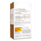 Die Rückansicht der Produktpackung von Curcuma mit Angabe der Verzehrempfehlung, Zusammensetzung und der Zutaten