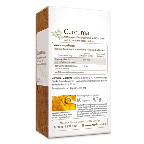 Die Rückansicht der Produktpackung von Curcuma mit Angabe der Verzehrempfehlung, Zusammensetzung und der Zutaten