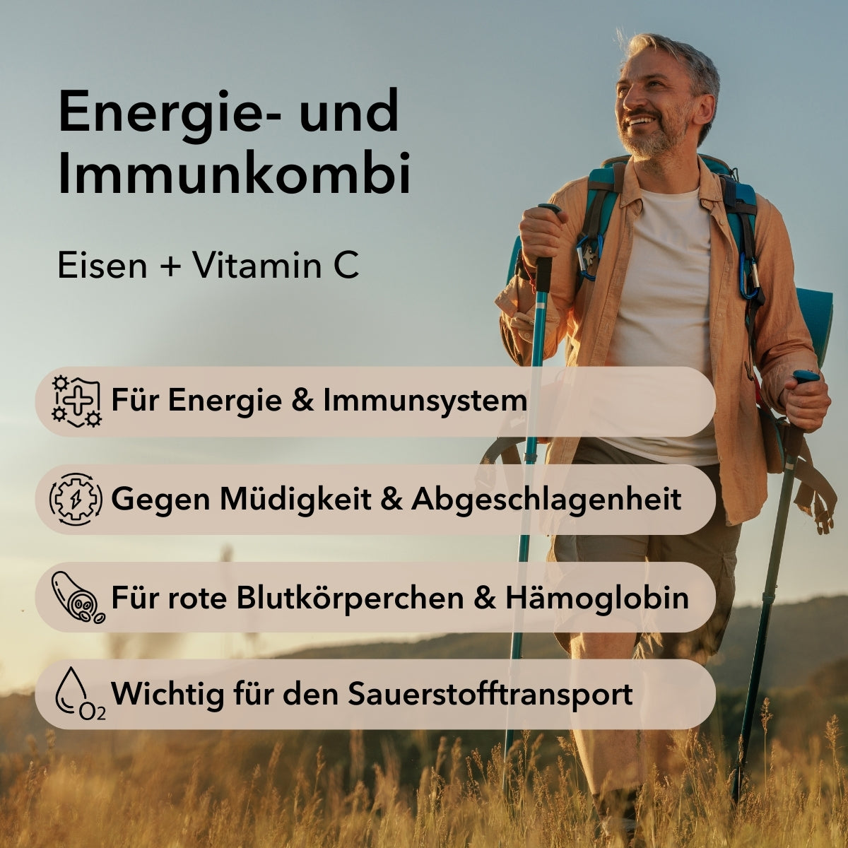 Anwendungsgebiete von Eisen + Vitamin C: Energie, Immunsystem, gegen Müdigkeit, für rote Blutkörperchen, für Sauerstofftransport. Im Bild: Ein Mann wandert mit Wanderstöcken.