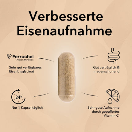 Produktinformationen zu Eisen + Vitamin C Kapseln: Mit Ferrochel® Eisenbisglycinat, gut verträglich und magenschonend, nur 1 Kapsel täglich, sehr gute Aufnahme durch gepuffertes Vitamin C
