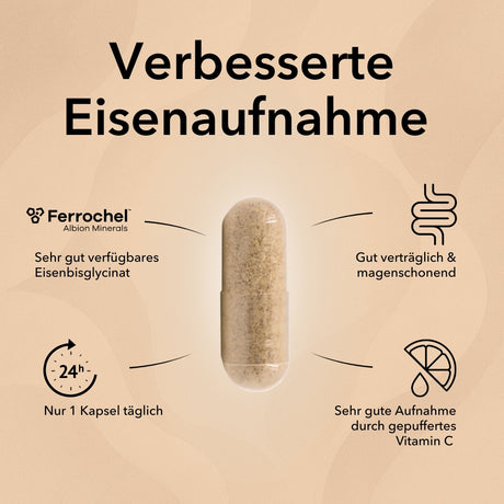 Produktinformationen zu Eisen + Vitamin C Kapseln: Mit Ferrochel® Eisenbisglycinat, gut verträglich und magenschonend, nur 1 Kapsel täglich, sehr gute Aufnahme durch gepuffertes Vitamin C