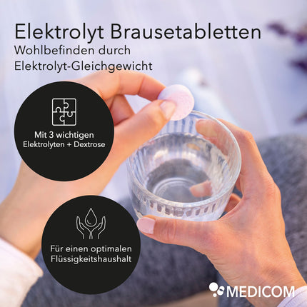 Eine Frauenhand hält eine Brausetablette von Elektrolyt Brausetabletten in den Fingern und ein Glas Wasser in der Hand. Zwei Störer mit Produktinformationen: Mit Inhaltsstoffen Natrium, Kalium, Chlorid und Dextrose; für einen optimalen Flüssigkeitshaushalt